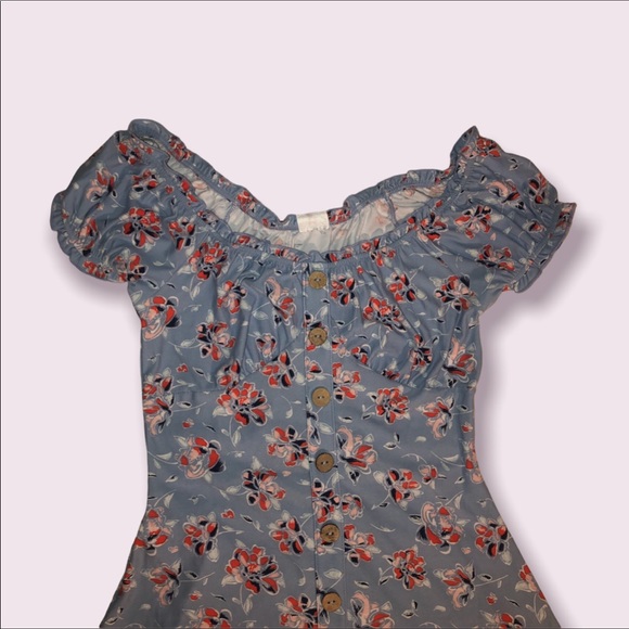 blue flower button down dress puff sleeve cute small - Picture 2 of 2